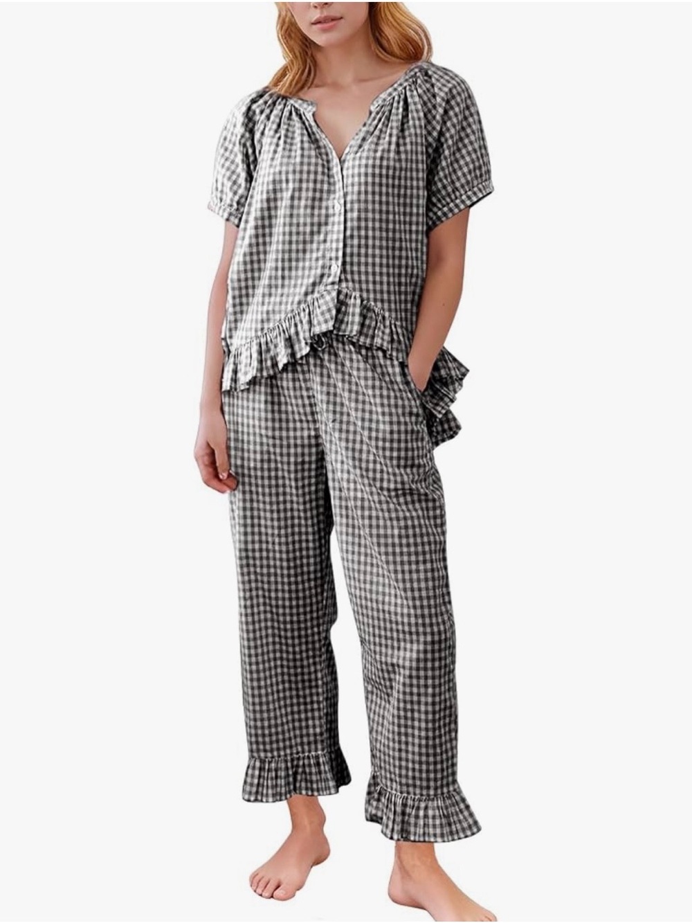 🖤🤍 FLYGO Black & White Gingham Ruffle Pajama Set 2PC Cotton Lounge PJs